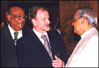 Click here for bigger image: Swraj Paul, Robin Cook and Atal Bihari Vajpayee. -- Photograph: Saab Press