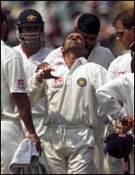 Nayan Mongia, after he hurt his nose in the second Test