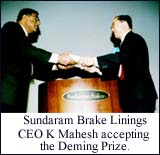 Sundaram Brake Linings CEO K Mahesh accepting the Deming Prize