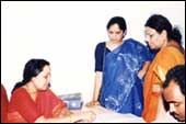 CEO of the park Dr Sucharita Kumar (sitting) with Dr Susheela, R&D specialist, and Kamala, a woman entrepreneur. 
