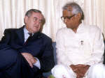 French Prime Minister Jean Pierre-Raffarin (L) talks to Indian Defence Minister George Fernandes during the Aero-India air show in Bangalore on February 6. Photo: Reuters