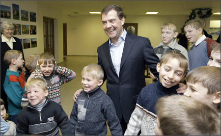 Russia's President Dmitry Medvedev visits a boarding school in the village of Toporkovo outside Moscow, January 7, 2009.