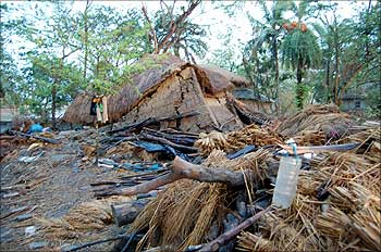 Huts damaged by Cyclone Aila in Sunderbans.
