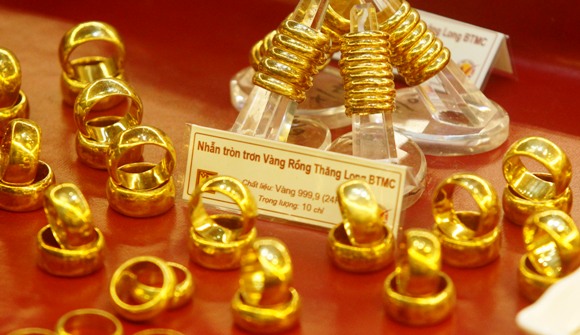 Gold rings are displayed for sale at a Bao Tin Minh Chau gold shop in Hanoi.