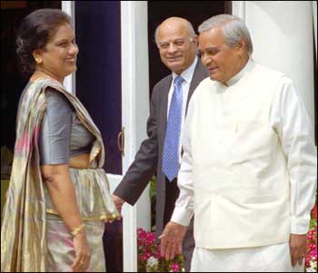 Then prime minister Atal Bihari Vajpayee with then Sri Lankan president Chandrika Kumaratunga during her visit to India. Brajesh Mishra is seen, centre