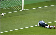 Poland's goalkeeper Jerzy Dudek lies on the pitch as the ball enters the net for Korea's second goal.