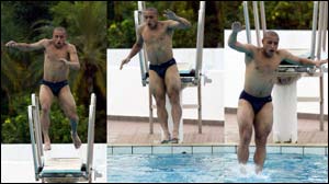 A sequence of Roberto Carlos jumping into a swimming pool  