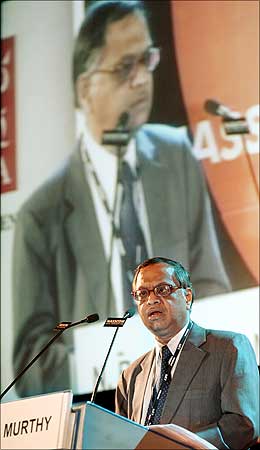 Infosys chief mentor N R Narayana Murthy addresses a Nasscom meet in Mumbai.