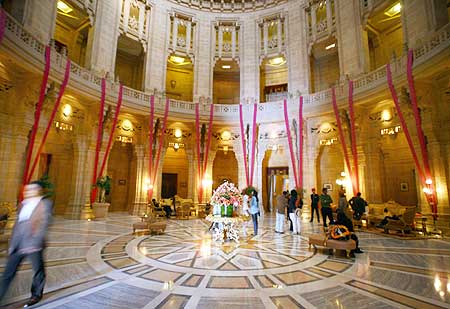 The lobby of Umaid Bhawan Palace also running as a five-star deluxe hotel at Jodhpur, Rajasthan