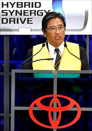 Toyota Australia president and CEO Max Yasuda speaks at a media event at a plant in Melbourne.