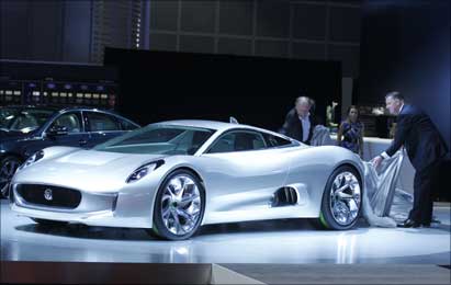 Jaguar's CX75 electric car is unveiled at the LA Auto Show in Los Angeles, California.