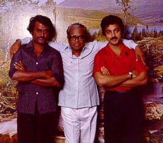 Rajinikanth with K Balachander and Kamal Hassan