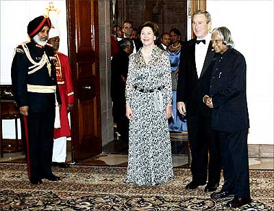 Then President A P J Abdul Kalam with then US President George W Bush and First Lady Laura Bush at Rashtrapati Bhavan, March 2, 2006. Photograph: Jim Watson/Getty Images