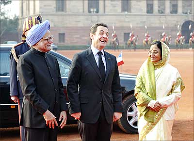 French President Nicolas Sarkozy with then President Pratibha Patil and Prime Minister Manmohan Singh at Rashtrapati Bhavan.