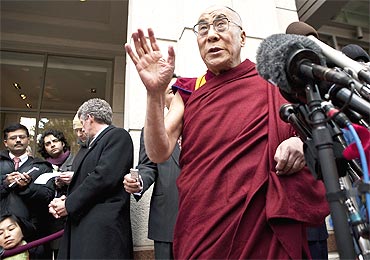 The Dalai Lama speaks to mediapersons after meeting with Obama and US Secretary of State Hillary Clinton