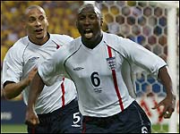 Sol Campbell rejoices after scoring his first goal for England.